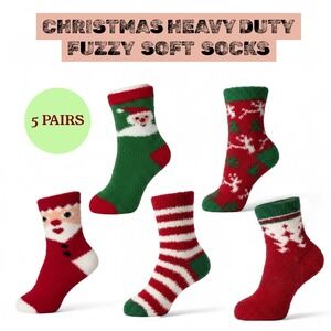 Christmas Heavy Fuzzy Soft Warm Novelty‎ Socks 5pk Reindeer Santa Thermal NEW